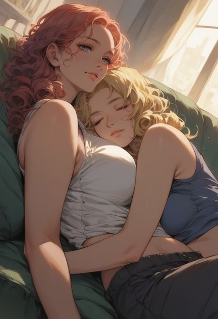 score_9, score_8_up, score_7_up,  (masterpiece), (ultra quality), (detailed), (detailed skin texture),1girl,solo,detailed background, upper body,thick thighs,large breasts,midriff, hip bones ,carefree, sexy, sultry,aroused,red hair, long hair, curly hair, unique angle, inside, laying on couch, 1guy, short blonde hair, cuddling together, casual clothes,