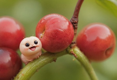 A tiny smol zhibi Smiling cute worm looking Out of a ripe Cherry, macro Closeup,