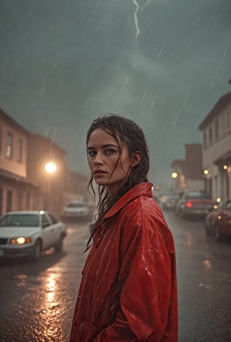 cinematic film still,a 25 year old woman,red rain coat,thunderstorm, lightning bolts,street in a small town,bold colors,bright colors,vivid . shallow depth of field, vignette, highly detailed, high budget, bokeh, cinemascope, moody, epic, gorgeous, film grain, grainy . shallow depth of field, vignette, highly detailed, high budget, bokeh, cinemascope, moody, epic, gorgeous, film grain, grainy