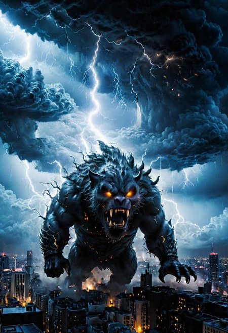 black clouds, rain, lightening, dark, night, ( beast appears from the rolling cloud), The beasts looks down as he towers above the city below,  nightmare