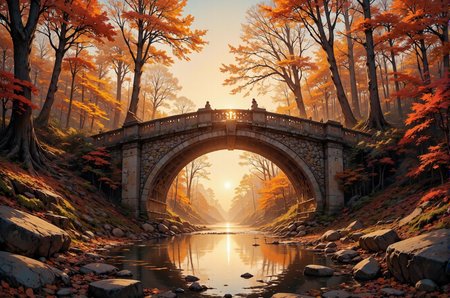 This photograph captures a serene autumn landscape dominated by a rustic stone bridge arching over a tranquil stream. The bridge, constructed from large, weathered stones, spans the width of the image, with a reflective water surface below it mirroring the warm, golden hues of the setting sun. The sun, partially obscured by the dense foliage of tall trees, casts a warm, amber glow across the scene, illuminating the vibrant autumn colors. The trees, mostly bare, display a mix of fiery reds, deep oranges, and golden yellows, with a few leaves clinging to their branches. The ground is covered with a layer of fallen leaves, adding to the rich tapestry of colors.
On either side of the stream, the banks are lined with smooth, dark rocks, adding texture to the scene. The sky is clear, allowing the sunlight to penetrate through the trees, creating a dappled effect on the ground and water. The overall mood of the image is peaceful and contemplative, capturing the essence of a crisp autumn day. The photograph emphasizes the interplay of light and shadow, color and texture, creating a harmonious and picturesque scene.
 <lora:DarksunRIDDV3:0.5> <lora:flux_hyperkraximalism-balanced:0.5> <lora:Midjourney_-_SemiReal_Dreams_FLUX_LoRA:0.5> <lora:CPA:0.5> <lora:Anime_realistic_v2:0.5> Realistic anime style <lora:BLUE_mk4_angel_FLUX_01:0.5>