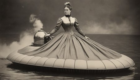 victorian sepia photograph of A woman wearing a steam powred hovercraft dress
