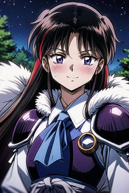 best quality 1girl Setsun4 solo long hair,  (night time) forest background black hair very long hair purple eyes multicolored hair armor, small, (fur trim) (medium body),<lora:EMS-179-EMS:0.800000>,<lora:EMS-293862-EMS:0.800000> bow, hair_bow, hair_tubes, red_bow, brown_hair, long_hair, bangs, ascot, frilled_bow, yellow_ascot, blush, smile, hair_between_eyes, athletic, armor, miko,  Smiling, happy,