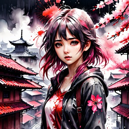 ink splashing,semi realistic, 2d game scene,oil and watercolor painting,
 <lora:fantasy_world:1>ï¼
full body,Blood Mist, background_Urban rooftop,1 girl,despair,blood sakura,((masterpiece)), (((best quality))), ((ultra-detailed)), ((illustration)), ((disheveled hair)),Blood Cherry Blossom,torn clothes,crying with eyes open,solo,Blood Rain,bandages,Gunpowder smoke,beautiful deatailed shadow, Splashing blood,dust,tyndall effect