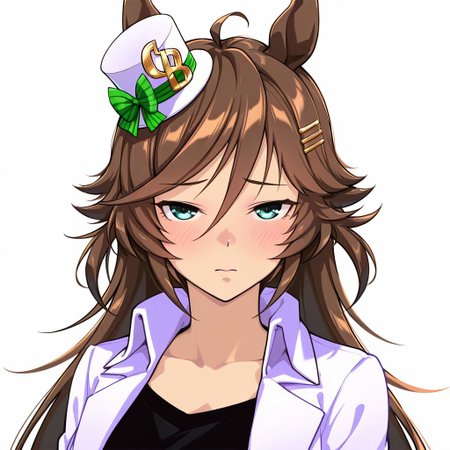 mr. c.b. \(umamusume\), 
 <lora:donburi_niku:1> d0nbr1_n1k, 1girl, solo,standing,looking at viewer, half-closed eyes, blush,background,