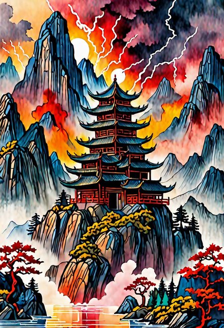 score_9, score_8_up, score_8_up, ((Cinematic composition)),((masterpiece)), (resplendent lighting), absurdres, very fine detail, 8k. Deep rich colours. Chinese watercolours and ink. 
a traditional Chinese landscape with mountains, a lake, stormy skies, pine trees and alien spaceships landing, invasion forces, sunset through the clouds, modern art. 
<lora:sdxl_lightning_8step_lora.safetensors:1.0>, <lora:add detail xl.safetensors:1.5>
