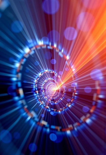 Fractals and bokeh swirl in brilliant shades of blue, purple and red. burned colors glowing with orange heat.  Bands of white light dash across the canvas. High saturation and contrast. sharp lines come into focus.
