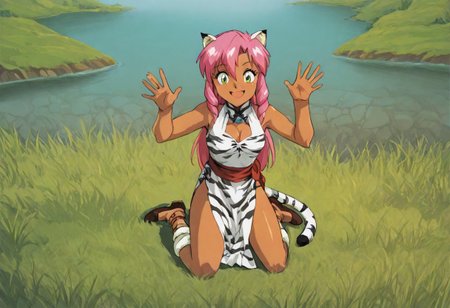 Pink_DragonPink, 1girl, sleeveless dress, white tiger print dress, pelvic curtain, cleavage, white tiger tail, red sash, small breasts, leather shoes, masterpiece, very aesthetic, smiling wide, <lora:pink-illustrious:1>, super_strength, holding a big fish, hands up,
Break
Hyrule field, sunny day, in a lake,