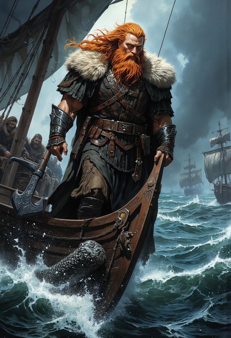 A fierce Viking warrior with fiery ginger hair stands proudly on the deck of a Drakkar as it cuts through stormy seas. His long, braided hair and beard whip in the wind, glowing like fire against the dark sky. Clad in fur-lined leather and iron armor, he grips a massive axe etched with silver runes. His intense green eyes watch the horizon, while the serpent-like prow of the Drakkar cuts through the waves. The wind howls, adding to the untamed power of this legendary Viking.