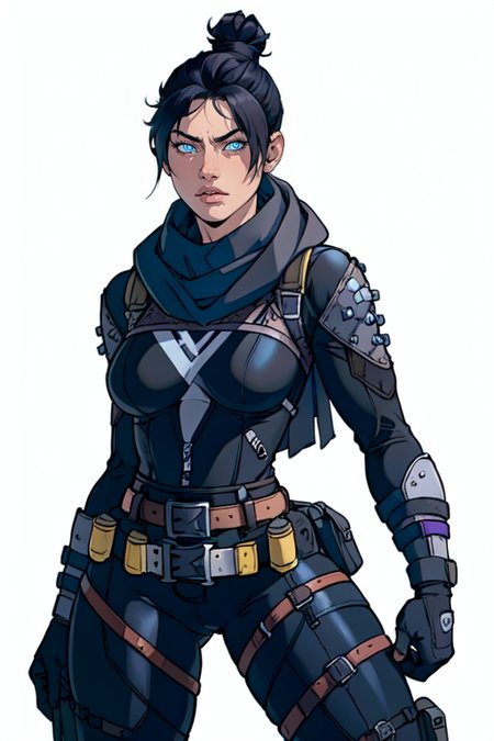 masterpiece,best quality,extreme detail,8k,white background,<lora:wraith:0.7>,wraith,1girl,solo,breasts,looking at viewer,bangs,blue eyes,black hair,gloves,medium breasts,belt,hair bun,scarf,parted bangs,bodysuit,thigh strap,single hair bun,clenched hand,realistic,black bodysuit,brown belt,open hand,black scarf,grey gloves,nose piercing,