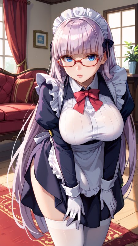 score_9, score_8_up, score_7_up, score_6_up BREAK 1girl, looking at viewer, cowboy shot, mature female,
 <lora:Gneisenau_Pony_Dwnsty:0.8>, gneise_def, blue eyes, light purple hair, very long hair, blunt bangs, glasses, red-framed eyewear, semi-rimless eyewear, maid headdress, maid headdress, maid apron, black dress, juliet sleeves, white thighhighs, white gloves, elbow gloves, indoors, living room, window, carpet, couch, curtains, leaning forward, apologizing, closed eyes, bow, head down, straight-on, hands on own legs
large breasts, lips, expressionless,