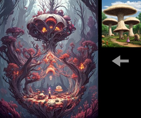 (<stardeaf-inkmage-orange>)0.94, (alice in wonderland, giant mushroom, fantasy landscape)0.9,
