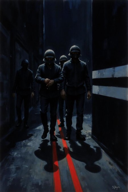 jober1 illustration.
A group of people in a dark alleyway, their shadows cast on the ground below their faces. The people are dressed in dark clothing, their faces covered by a helmet, and their faces are not visible. To the right of the people, there is a black wall with a white stripe running down the center of it. In front of the wall, there are two red lines, adding a pop of color to the scene. The background of the scene is dark, creating a stark contrast with the red lines.    
 <lora:jober1_cap_d6a3e12:1.0><lora:819129144999909979:0>