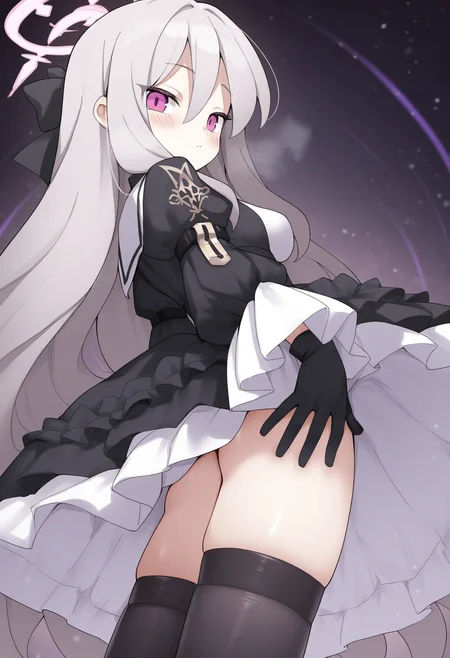masterpiece,best quality,amazing quality,
1girl, solo, thighhighs, long hair, halo, black thighhighs, gloves, black gloves, long sleeves, looking at viewer, bangs, hair between eyes, puffy sleeves, grey hair, dress, closed mouth, black dress, looking back, breasts, frills, pink eyes, blush, purple eyes, sailor collar,
 <lora:Jank365m:1>