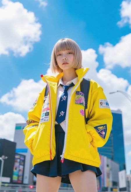 A photo in aestheticphotographyjp style, captured with a Fujifilm X100VI (f/2.8, 120mm). A blonde girl with a sharp bob haircut and delicate fringe stands confidently under sky-blue clouds, wearing a Japanese school uniform with a mini skirt and a bright yellow jacket adorned with colorful patches and graphic designs. Against the neon-lit chaos of a bustling city skyline, her athletic physique and resolute gaze embody strength and individuality, blending techwear elements with traditional Japanese aesthetics.
