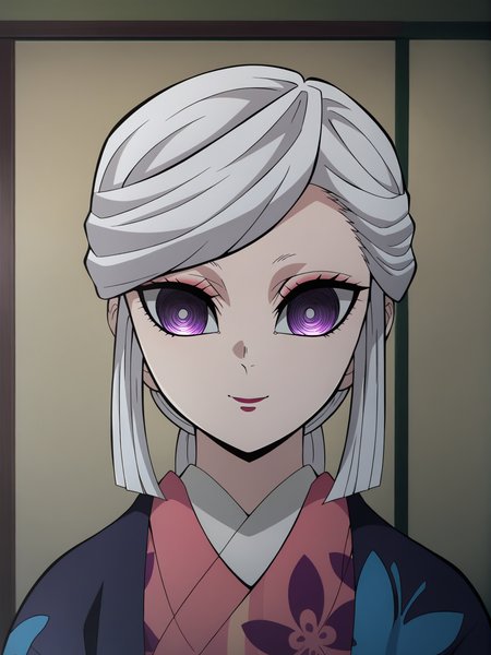 <lora:Amane_Ubuyashiki-Kimetsu_no_Yaiba:1>,amane,1girl,makeup,white hair,purple eyes,shiny skin, kimono,upper body, smile,indoors