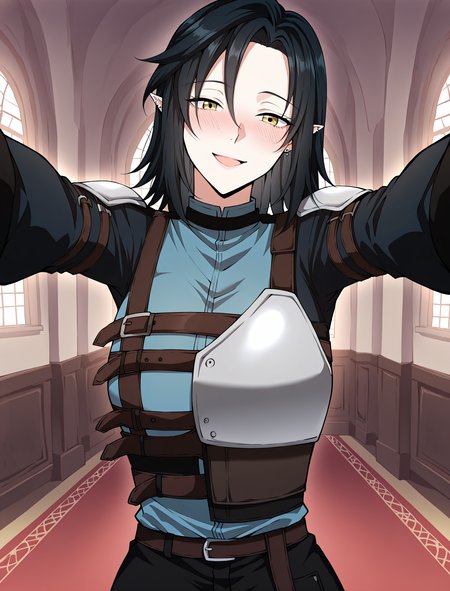 <lora:Helen_Shard__The_Beginning_After_the_End__Illustrious:1>
1 girl, solo, elf, pointy ears, black hair, medium hair, yellow eyes, blue shirt, pants, fingerless gloves, armor, shoulder armor, belt, ear piercing,
shirt, long sleeves, blue shirt, black shirt, black pants, earrings
score_9, score_8_up, score_7_up, score_6_up, source_anime, rating_explicit, 1girl, solo, smile, embarrassed, alcalose eyes, open mouth, mansion, indoors, looking at viewer, outstretched arms, pov, close-up, (head tilt:1.2)