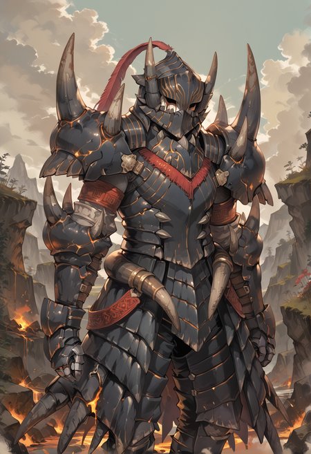 (score_9:0.9),score_8_up,score_7_up,rating_safe,anime style,(zPDXL),<lora:Akantor armor - male ponyXL v1:0.8>,akantor armor,solo,full armor,male focus,1boy,black helmet,standing,black shoulder armor,black gauntlets,black armor skirt,red feather,covered face,molten rock,