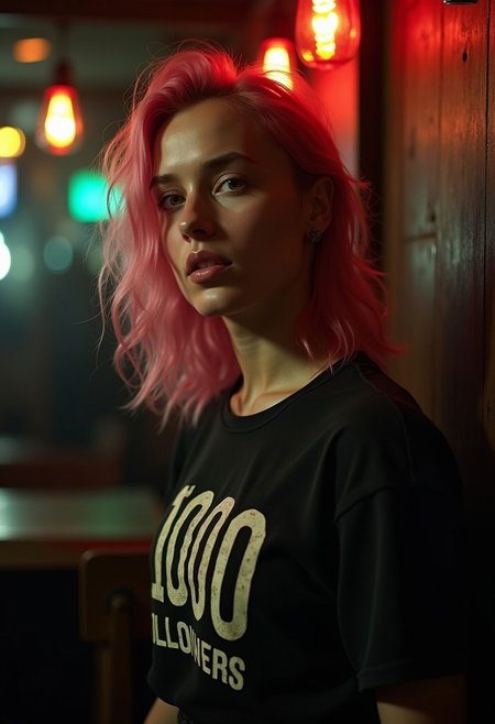 **"A hyper-realistic, candid cinematic portrait in the raw, documentary-style of **Peter Lindbergh** and **Boogie**, capturing a fleeting, intimate moment. A **young Dutch woman with pink hair**, naturally beautiful with **textured, radiant skin**, is caught mid-movement in the **gritty, dimly lit atmosphere of a dark and dangerous London pub at night**.  
The shot is **unposed and spontaneous**, taken from a slightly **low, off-center angle**, as if captured in passing—giving it a true **candid energy**. Her **expression is sultry yet distant**, her **closed lips hinting at something unspoken**, as she exhales softly, her gaze drifting beyond the frame, as she looks into the camera. **Warm, flickering pub lights** reflect in her eyes, subtly illuminating her **34DD tits**, accentuated by the tight fit of her **vintage "1000 Followers" rock band tee, loosely knotted above her high-waisted leather shorts**. The **thigh-high socks complete her effortlessly rebellious look**, a nod to underground rock culture.  
The atmosphere is **gritty and immersive**, with a shallow depth of field blurring out silhouettes of **shadowy figures drinking and smoking in the background**, their murmurs lost in the hum of the night. The **air is thick with cigarette smoke and the smell of whiskey**, while a faint neon glow from the bar sign spills across the wooden floors.  
Shot on an **ARRI ALEXA 65** with **Porta 160 color grading**, this award-winning photograph blends **soft cinematic light with dramatic shadows**, creating an almost **dreamlike, intimate mood**. The **low contrast, exposure blending, and detailed filmic grain** add to the realism, processed meticulously in **Adobe Lightroom and Photolab** to maintain **insane details and hyper-realistic textures**. The result is an image that feels **effortless, immersive, and charged with raw emotion—capturing a moment that wasn’t meant to be captured.**"