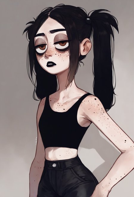 score_9_up, source_ anime,  1girl, freckles,tired, brown eyes, eye bags, dark circles under eyes, half closed eyes,black lipstick,black hair, twintails, long hair, black crop top, black shorts,