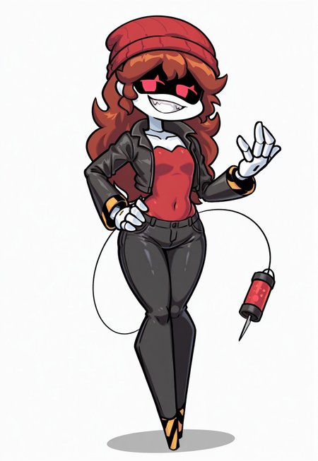 safe_pos, score_9, score_8_up, score_7_up, score_6_up, high quality, absurdres, masterpiece, 4K,
BREAK,
GirlfriendFNF, SD-V, robot girl, humanoid robot, robot joints, 1girl, solo, full body, white skin, four fingers, 4 fingers, yellow details, (earless:1.3), long thick auburn hair, Two short locks of hair, round head, (red eyes:1.3), glowing eyes, virtual led eyes, smile, teeth, fangs, sexy expression, tail, tail syringe, no feet, flat chest, red headwear, red beanie, collarbone, red shirt, black jacket, long sleeves, open jacket, black pants, denim, jeans, (looking at viewer, one hand on hip)
