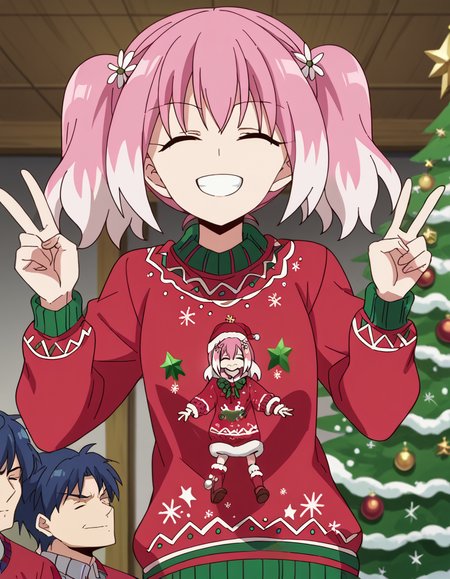 score_9, score_8_up, score_7_up, source_anime, <lora:nana-hiiragi-s1-ponyxl-lora-nochekaiser:1>, nana hiiragi, aqua eyes, twintails, pink hair, flower, white hair, multicolored hair, hair flower, two-tone hair, anime screencap, <lora:christmas-sweater-ponyxl-lora-nochekaiser:1>, christmas sweater, christmas, ugly sweater, print sweater, red sweater, christmas tree, christmas ornaments, sweater, multicolored sweater, , v, smile, hands up, teeth, closed eyes, cowboy shot,, , dutch angle, cowboy shot