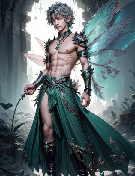 ((masterpiece)), (absurdres), ((best quality:1.2)),  sharp focus, full body, head to toe, 1 young man, 22 years old, youthful appearance, male focus, dynamic pose, (he is a fairy:1.5), giant fairy wings made of jade, , silver colored hair, curly hair, EYESHD, necklace, ornate jade  loincloth,   defined body, thin waist, looking at camera, shiney jade  armor,  detailed background junkyard, expansive background, a fantasy jade forest with crystal jade stone walkway, (absurdres) , <lora:more_details:0.5>, <lora:wrenchftmfshn>,<lora:add-detailxl:0.8>, <lora:Eyes_High_Definition-000007>,  <lora:bulge:1>, <lora:lightup_brightness_v200:1> , <lora:Obsidian_Jade_Style:1>,  <lora:liquidpearlXL_r1:1>
