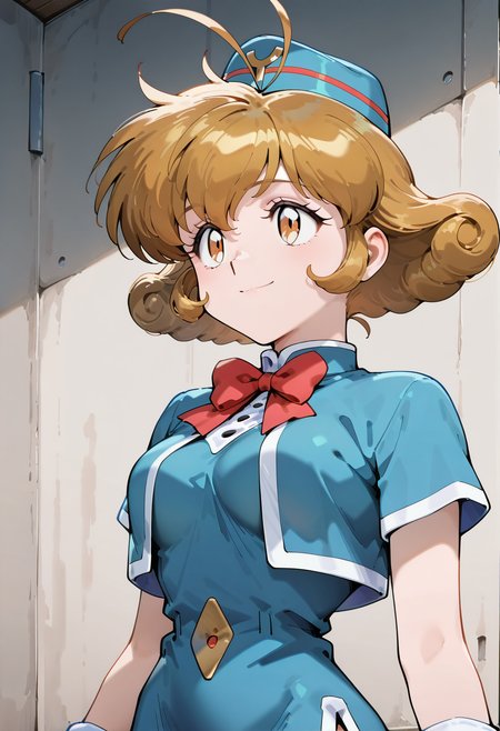 masterpiece, best quality, very aesthetic, absurdres, 1girl, solo, 1990s \(style\), 
<lora:yat_uniform-illustrious_v02:0.8>, yat_uniform, garrison cap, blue cropped jacket, blue dress, short sleeves, red bow, bowtie, gloves, white gloves, pencil skirt, side slit,
<lora:kasuga_yui_v04:1.0>, kasuga_yui, brown hair, short hair, antenna hair, curly hair, smile, posing, upper body