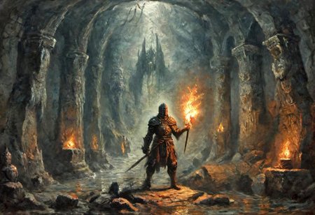 a knight standing in the middle with a torch, mines of moria underground, abstract temple in the unthinking depths, 
overgrown cave and ruined walls, Nordic dungeon, cave ruins concept art, demonic runes and incantations carved into the dark souls catacomb, Skyrim, the elder scrolls, arx fatalis, dungeons and dragons,