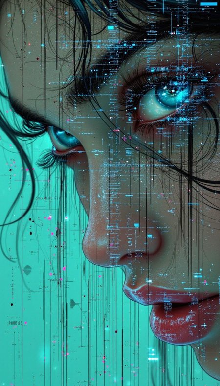 This is a digital illustration featuring a close-up of a young woman's face. The artwork employs a highly detailed, hyper-realistic style with a focus on her piercing blue eyes and smooth, luminous skin. The woman has a fair complexion and dark, wavy hair that frames her face, though it's partially obscured by the abstract, glitch-art elements overlaying the image. These elements resemble vertical lines and dots that cascade down her cheeks and forehead, adding a sense of depth and modernity to the piece. The background is a gradient of teal and turquoise hues, enhancing the otherworldly feel of the image. The composition follows the rule of thirds, with her eyes positioned along the top third of the image, drawing the viewer's attention immediately to her expressive gaze. The textures in the image are smooth, with a slight gloss on her skin, while the glitch elements have a rough, pixelated texture. The overall mood is both futuristic and ethereal, capturing a moment of intense focus and mystery.
aidmafluxpro1.1; bo-abyss <lora:aidmaFLUXPro1.1-FLUX-v0.3:0.6> <lora:boFLUX_digital-abyss:1>
