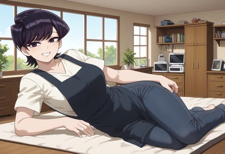 score_9, score_8_up, score_7_up, source_furry, BREAK,
(1girl, solo:1.5), gtscramped, 
shuuko komi, short hair, black hair, black eyes, half-closed eyes, shirt, white shirt, short sleeves, pants, apron, denim, jeans, blue apron, large breasts, wide hips, 
Happy, very happy, wide smile, 
bedroom, bed, on bed, green rug, dresser, bookcase, window, wooden floor, lying, on side, blanket,
<lora:GiantessCrampedPonyXL-V1:1>