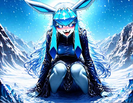 pokemon, glaceon , 1girl, ban! \(bansankan\):0.7, quasarcake:0.8, wlop:0.9, animal_ears ,animal_nose,blue_fur ,blue_hair ,blue_sclera, blue_sky ,blue skin,blue_theme, blurry, blush, body_fur, breasts,colored_sclera, cowboy_shot ,  fang, furry ,furry_female,  happy , medium breasts, looking_down , nose_blush, outdoors, personification ,pokemon_(creature),long_hair, shiny_skin ,sidelocks,sky, smile, solo ,sweat , tail ,white_eyes, long_sleeves, black_shirt ,black dress, white thighhigh,
, squatting,naughty_face ,tongue, tongue_out , saliva,open mouth, leg, leg focus, feet, looking at viewer,pov_crotch,
snowy, snow, outdoors,, fr0stwrld, ice ,
masterpiece, best quality, Good quality, very aesthetic, absurdres, newest, (Perfect details), solo,
<lora:Fr0stWrld4:0.7>, <lora:ponyv5_noobV065S_1_adamW:0.8>, <lora:illustrious_noobai_epsilon_pred_1_best_quality_v1:0.7> ,<lora:illustrious_noobai_epsilon_pred_11_very_aesthetic_v1:0.7> ,<lora:illustrious_noobai_epsilon_pred_1_masterpieces_v1:0.7>