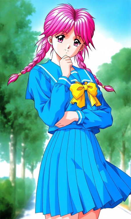 general,highres, ultra-detailed,very aesthetic,best quality ,best hands, BREAK  <lora:Koshiki_Yukari_Tokimeki_Memorial_IS:1>
Koshiki_Yukari(Tokimeki_Memorial), 1girl, solo, pink hair, twin braids, long hair, pink eyes, bangs,
school uniform, blue serafuku, blue skirt, Yellow bow, 
sailor collar, blue sailor collar, smile, long sleeves, pleated skirt, hand on own chin,
outdoor, tree, sky,