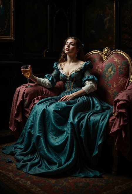 debauchery, full body full figure image, splayed on a sofa, dejected, soiled luxurious marquess evening gown, drunk, 18th Century noblewomen as epitome of decadence, depraved decadent nobility, vice, weary expression, excessive revelry, used, unhinged, rococo, hyperdetailed, bokeh, masterwork, glimpses of teal and pink, soft rim light, ornate, depravity, corruption of the soul