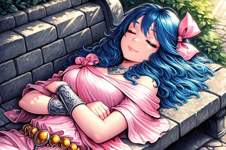 masterpiece, best quality, amazing quality, hatching (texture), FMIXF, vibrant details, vibrant colors, GOHPIA, solo, medium length hair, 1girl, blue hair, pink hair bow, silver bracers, neckace, gold bead belt, long pink gown, pink shawl, pink shoulder sash, upper body, dutch angle, crossed hands, eyes closed, eyelashes, sleeping, smile, sunlight, close-up, lying on back, stone bench, lips