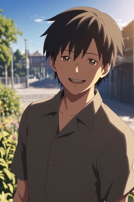 high resolution, solo, best quality, 1Boy, Takaki Toono, Brownish Hair, Brown Eyes, Looking at viewer, happiness, depth of field, half body, outdoor, OverallDetail
