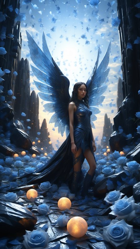 arien_angel,full body,dynamic posture,CG character design,gorgeous speed painting,4k concept dark art created by alyssa monks. uhd perspective shooting,ophanim angels,amazing wings,blue rose patterned surface details,soft blue light,orton effect,the background of the whole painting is a translucent dark totem to give a sense of fear,BJ_Alien_garbage,
BJ_debris,outdoors,sky,cloud,star_\(sky\),starry_sky,sunset,rock,sun,<lora:SDXL_debris:0.5>,<lora:Blue_butterfly_SDXL1.0:0.7>,