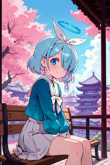 masterpiece, best quality, 1girl, solo, 21 year old model, eyelashes, (beautiful eyes),     ,,, zzArona, blue eyes, blue hair, hair over one eye, bangs, blue halo, mechanical halo, long sleeves, ribbon, school uniform, serafuku, skirt, white skirt, <lora:AronaBlueArchiveIXL:1.0>,  ,,,sitting on bench, side view, looking at viewer solo, smile, pnkBldng, sky, day, cloud, tree, blue sky, building, architecture, east asian architecture,  <lora:PinkBuildingIXL_v2:1.0>, <lora:ZankuroIXLLight_v2:0.6>,