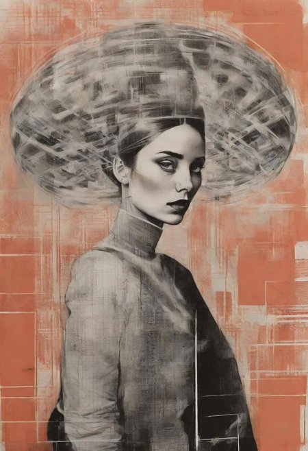 rough crosshatch drawing pop surrealism pop art Lunatic_Portrait of a girl in latex, slick back, low bun, black makeup, tj