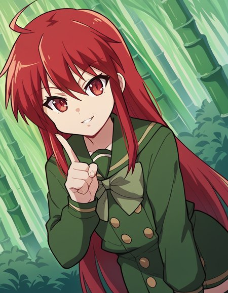 score_9, score_8_up, score_7_up, source_anime, <lora:shakugan-no-shana-s1-ponyxl-lora-nochekaiser:1>, shana, long hair, red hair, red eyes, ahoge, sidelocks,, school uniform, serafuku, green serafuku, bowtie, green bowtie, green shirt, green sailor collar, long sleeves, green skirt, buttons, thighhighs,, bamboo forest, bamboo, trees, dense, wildlife, smile, <lora:finger-to-cheek-ponyxl-lora-nochekaiser:1>, finger to cheek, index finger raised, pointing at self, bedroom, parted lips, leaning forward, bent over, cowboy shot, dutch angle,, looking at viewer, solo,, dutch angle, cowboy shot