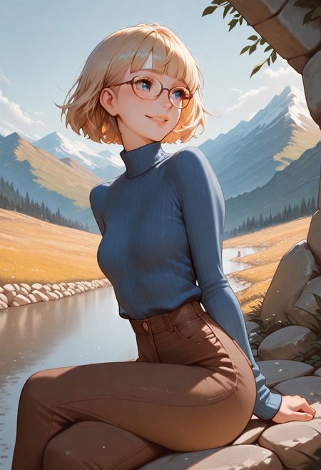 masterpiece, best quality, 32k, high resolution, absurdres, dynamic lighting, HD32k, 1girl, solo, Saly-Free, blonde, eyeglasses, short hair, blue eyes, small breasts, blunt bangs, freckles, slim, blue sweater, turtle neck, brown pants, posing cute, outdoors, parted lips, focus on face, sitting on a stone wall, profile, looking away, crossed legs, aesthetic, detailed, mountain landscape, urban scenario, shy smile