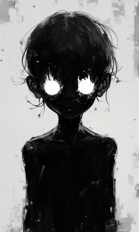 A close-up view, from the chest up, of a stylized figure, rendered in a dark and moody painterly style using grayscale.  The figure appears to be a young person with short, dark hair that frames the face. The face is almost entirely obscured by shadow, only the eyes are visible. The eyes are depicted as bright white circles, and they contain smaller shapes suggesting flames or bright light, giving them an unsettling or supernatural quality. The figure's body is primarily black, a simple silhouette, without any defining clothing or accessories. The body pose is slightly hunched forward. The figure's shoulders are slightly rounded, and the head is tilted down, conveying a sense of unease or introversion. The shapes are simple and somewhat abstract.  The hair is loosely rendered, and the figure's body is a solid, dark shape.  The white eyes are circular and starkly contrasting with the dark body. The background is a light gray, almost white, with a textured appearance, suggesting a rough or aged surface.  The lighting is minimal, primarily focused on the eyes, creating a dramatic high-contrast effect and emphasizing the mysterious and haunting nature of the figure., <lora:FLUX-daubrez-DB4RZ-v2:0.5> DB4RZ, DB4RZ style painting
<lora:realcartoon3d-flux_v2:0.5> realcartoon