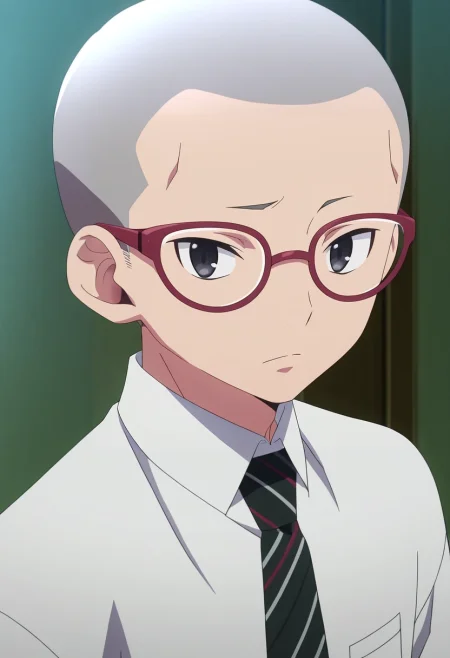 masterpiece, best quality, intricate details, anime screencap, , , looking at viewer, 1boy, solo, male focus, <lora:konekomaru_miwa_ilxl:0.98>, konekomaru_miwa, grey hair, black eyes, bald, glasses, red-framed eyewear, white shirt, collared shirt, black necktie, striped necktie,