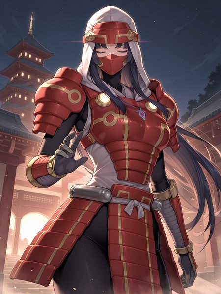 1girl,legendary six samurai - mizuho,solo,closed eyes,glowing,red mouth mask,covered mouth,castle,east asian architecture,night sky,backlighting,looking at viewer,red armored gloves,red armored skirt,red breastplate,white shirt,red shoulder armor,purple eyes,white hood,purple necklace,hand up, 
masterpiece,best quality,amazing quality,very aesthetic,absurdres,newest,<lora:Legendary Six Samurai - Mizuho illuXL v1:0.75>,