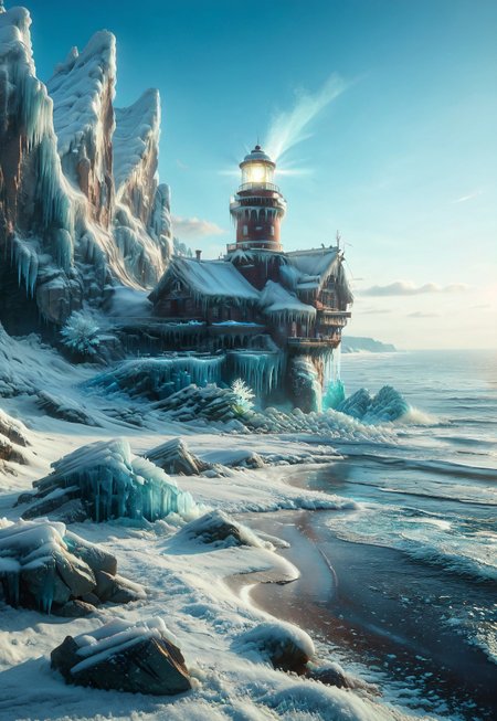 fr0stwrld, snow, ice, zPDXL, frozen lighthouse, small rocky island, frozen ocean waves, faint sunlight, national geographic, photography, (score_9, score_8_up, score_7_up, score_6_up, score_5_up, score_4_up, high res, realistic, 4k),