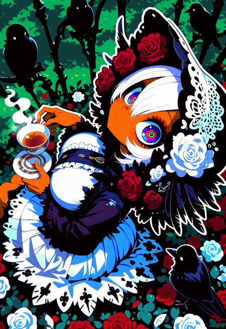 safe_pos, score_9, score_8_up, score_7_up, 1 girl, beautiful monster girls, crow monster girl, solo, ((short stack)), garden background, white rose garden, gothic city, white body color, brown skin, monstrous head shape, feathers, feather hair, long white skirt, surrounded by white flowers, red roses, frilly white dress, form fitting white dress, extremely detailed, tiny crow, surrounded by crows, sitting back, reclining, big eyes, wearing hood, holding teacup, steam from teacup, perfect hands, big breasts, bust shot, shadows, looking at viewer, close up, from above, large eyes, cute pose, abstract
masterpiece ,amazing quality, intricate details , sometyome_illu ,xxx667_illu , reij-incs, silhouette character, white outline,