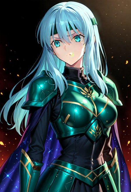 score_9, score_8_up, score_7_up, ((solo)), calm, pout, closed mouth, 1girl, solo, (medium breasts, thin waist, wide hips), peaceful, closed mouth, adult, (((eirika face))), (((cyan hair, cyan eyes))), ((long hair, hair between eyes)), (((indigo cape, metal headband, green metal_uniform, metal breast_armor))), no background, dark background, cowboy shot, dark background, portrait, Expressiveh,