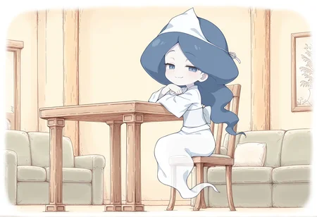 1girl, solo, transparent, monster girl, ghost tail, triangular headpiece, long hair, blue hair, parted bangs, blue eyes, pale skin, japanese clothes, obi, long sleeves, sitting, living room, chair, table, arm rest, looking at viewer, half-closed eyes, smug, closed mouth,  <lora:ghost_girl_moses:1>, masterpiece, best quality, amazing quality, very aesthetic, absurdres, highres, newest
