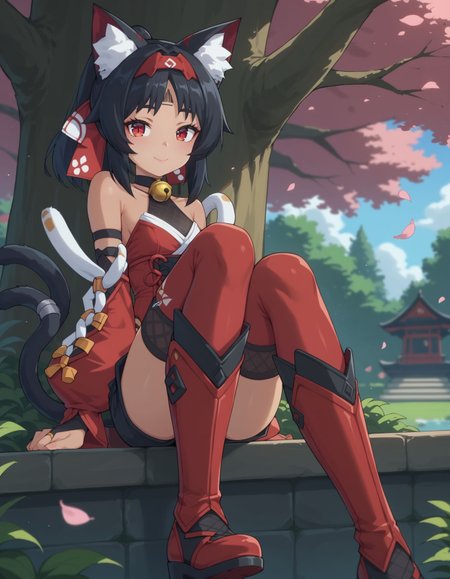 score_9, score_8_up, score_7_up, 2d, sitting under cherry blossom, leaning on the tree, in the garden, looking at viewer, smile seductively, 
<lora:nekomiya.pony:0.85>, nekomiya, red eyes, black hair, dark skin, ponytail, cat ears, cat tail, two tails, hairband, red bow, hair bow, forehead mark, sleeveless shirt, red leotard, black shorts, detached sleeves, puffy long sleeves, bridal gauntlets, choker, neck bell, thighhighs, red footwear, knee boots, black fur
<lora:age_slider_v4:-1>,