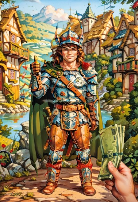 score_8, score_8_up, score_7_up, elmore_style, traditional media,  1boy, male focus, armor, helmet, greaves, gauntlets, boots, cape, thumbs up, fantasy, dnd, fantasy village background, standing, looking at viewer, holding money pov, holding money, pov, banknote, holding,